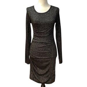 Express Rouched Silver Metallic Long Sleeve Evening Dress Womens Size Small